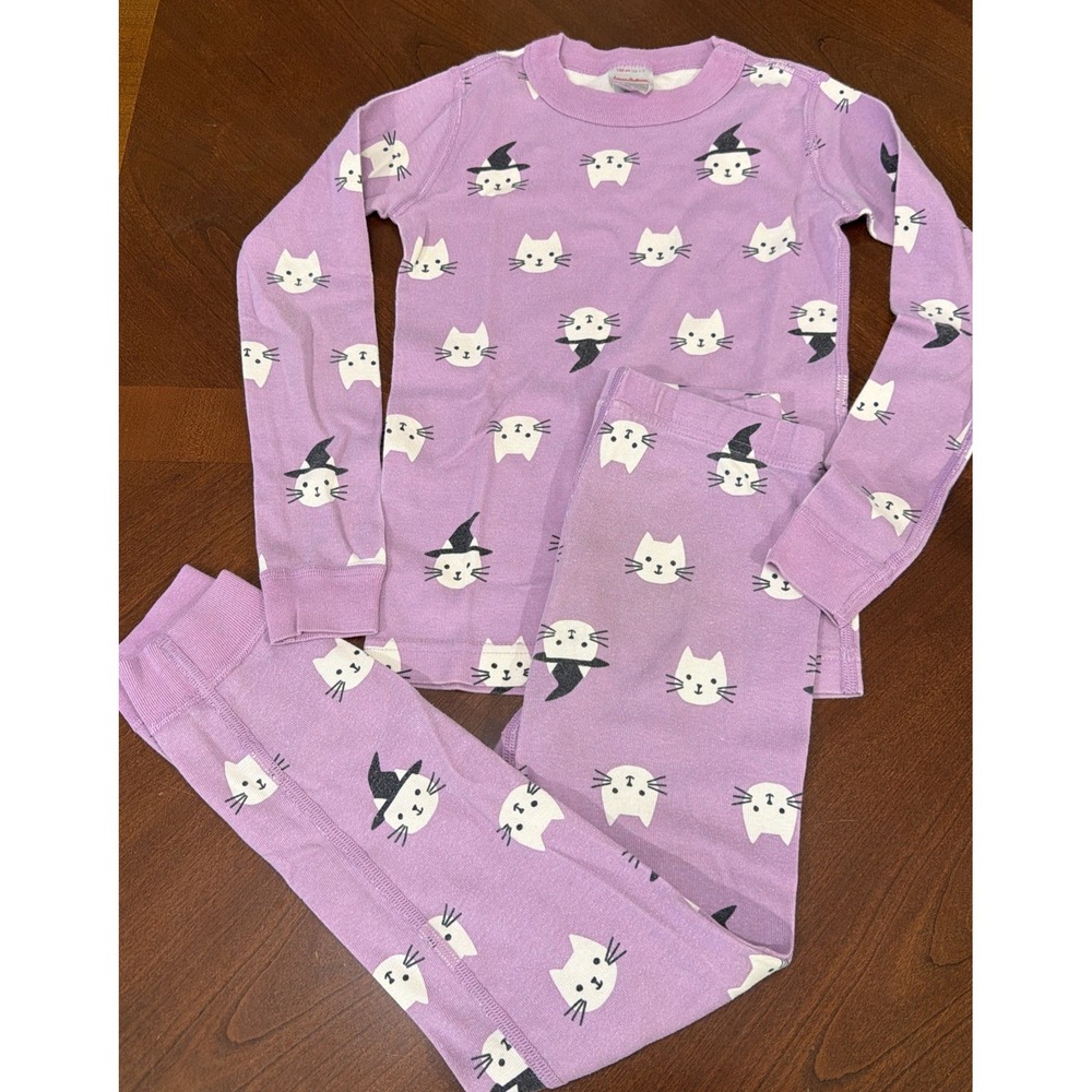 Hanna Andersson Halloween Purple Long John Pajama Set Girls Size US 6-7 Cat
